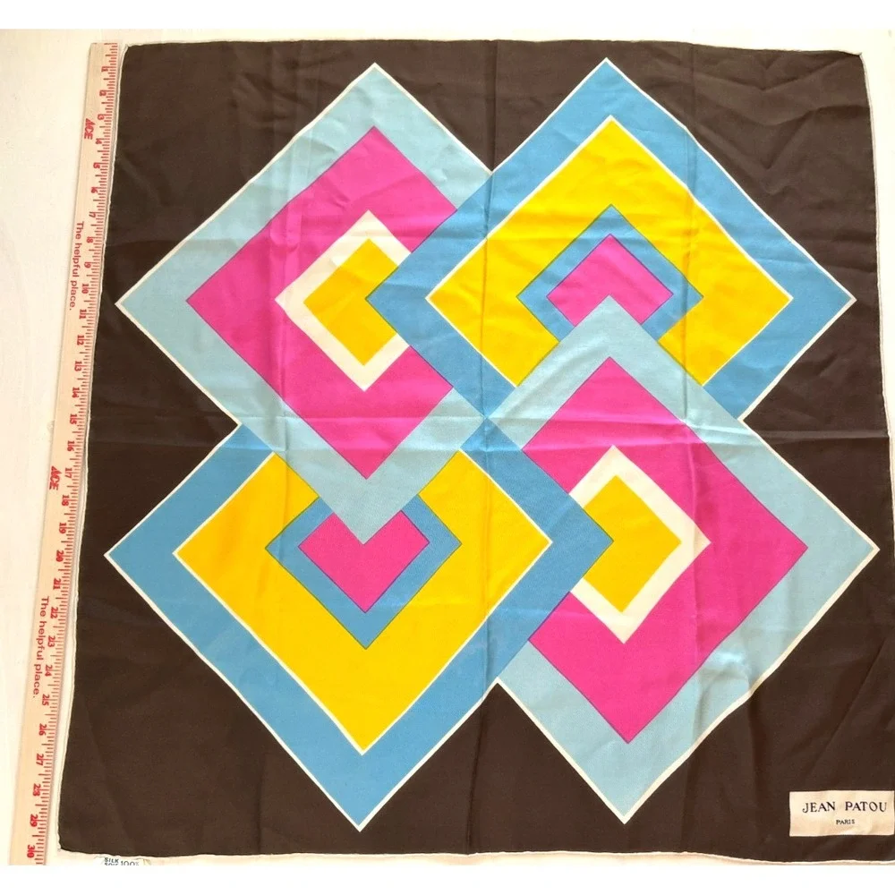 Jean Patuo Paris Geometric VTG Scarf 30''x30'' Fall 100% Silk Hand Rolled Edges